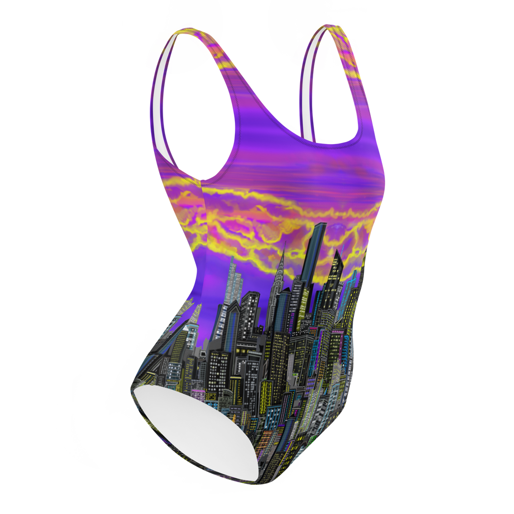 One-piece swimsuit with Loria NYC Art cityscape design and purple sky