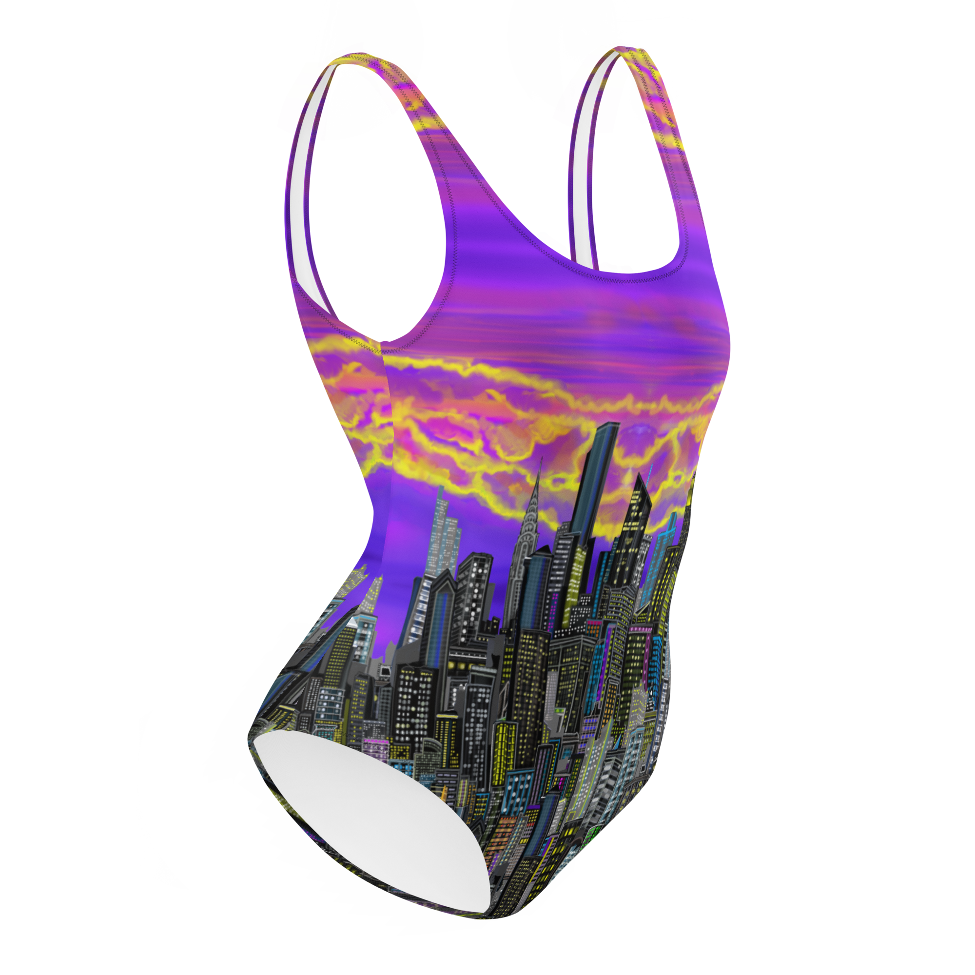 One-piece swimsuit with Loria NYC Art cityscape design and purple sky