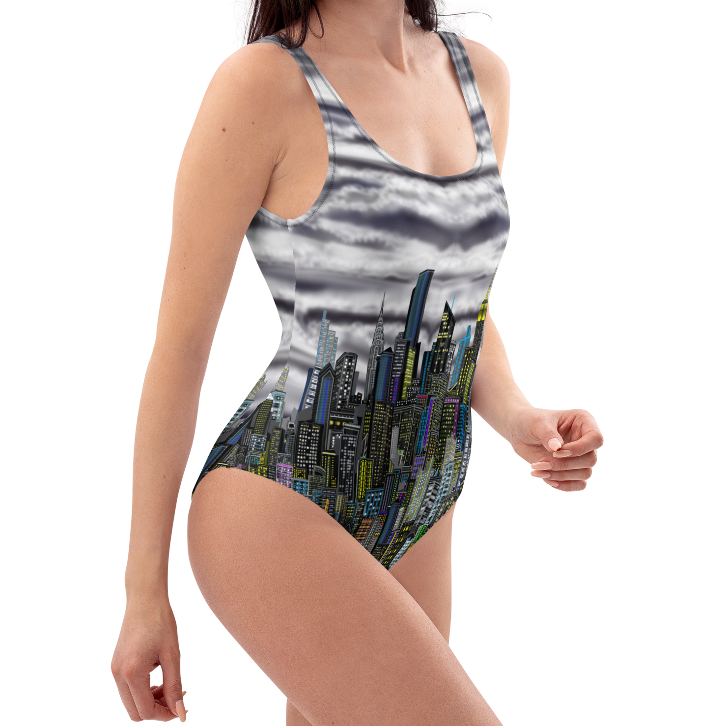 Woman wearing a one-piece swimsuit with cityscape Loria NYC Art design on a white background