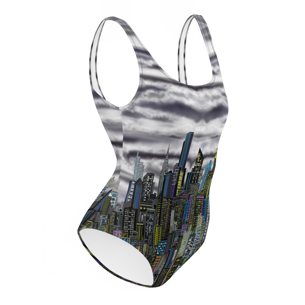 One-piece swimsuit with city skyline Loria NYC Art design on a white background