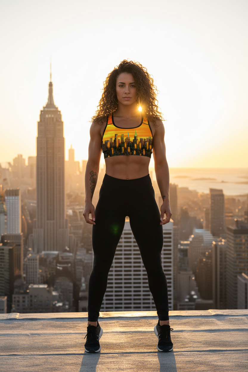 Woman in athletic wear standing on a rooftop with a city skyline in the background with Sports Bra Riflessi al Tramonto Skyline by Loria NYC Art
