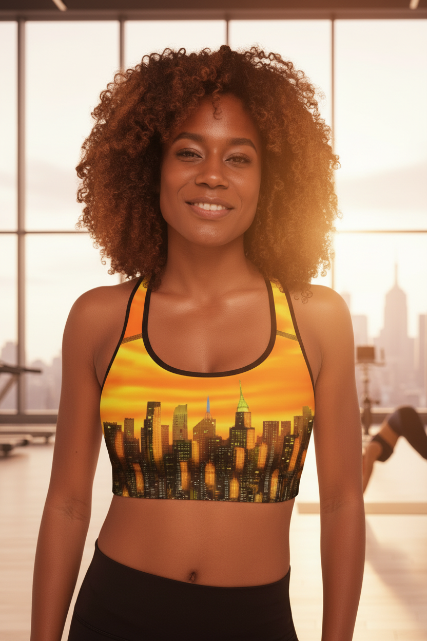 Woman wearing a sports bra with a cityscape Loria NYC Art design in an indoor setting