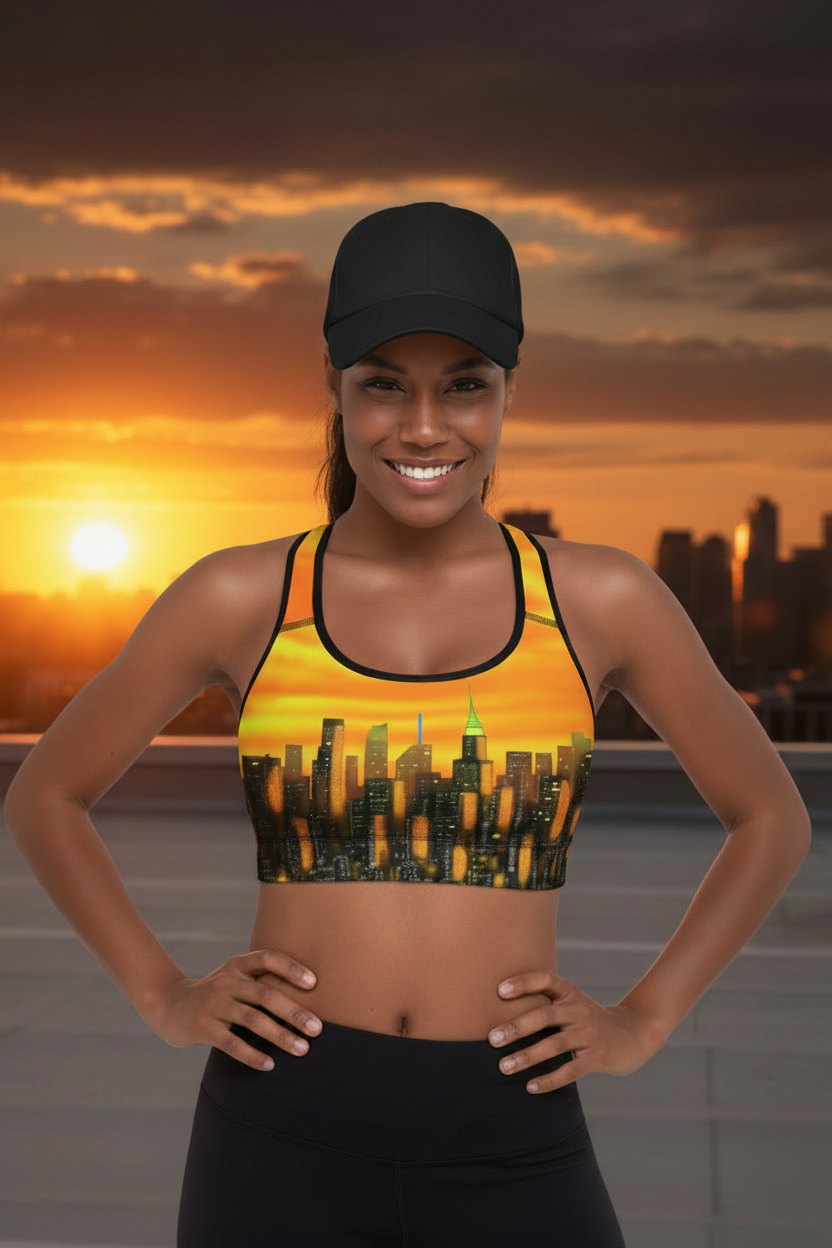 Woman wearing a sports bra with a cityscape Loria NYC Art design against a sunset skyline.