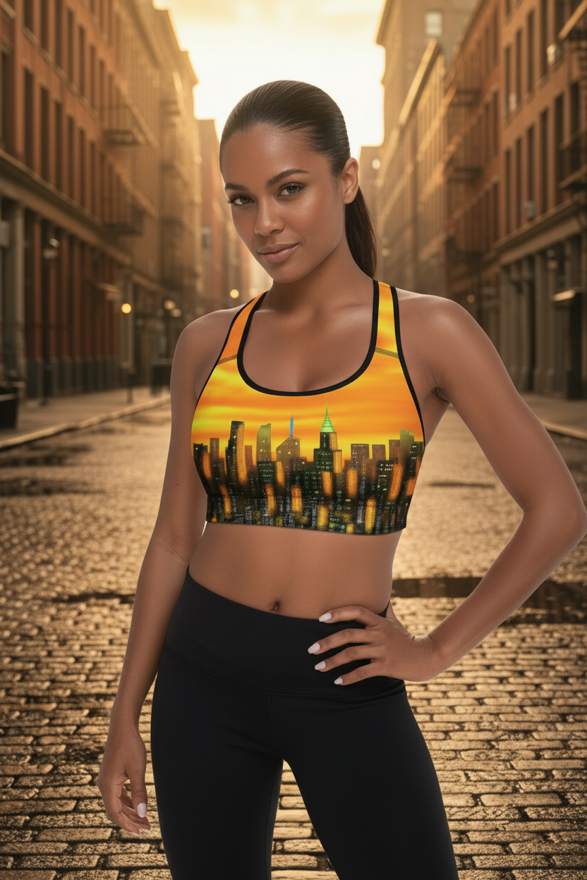 Woman wearing a Loria NYC Art sports bra with a cityscape design on an urban street.