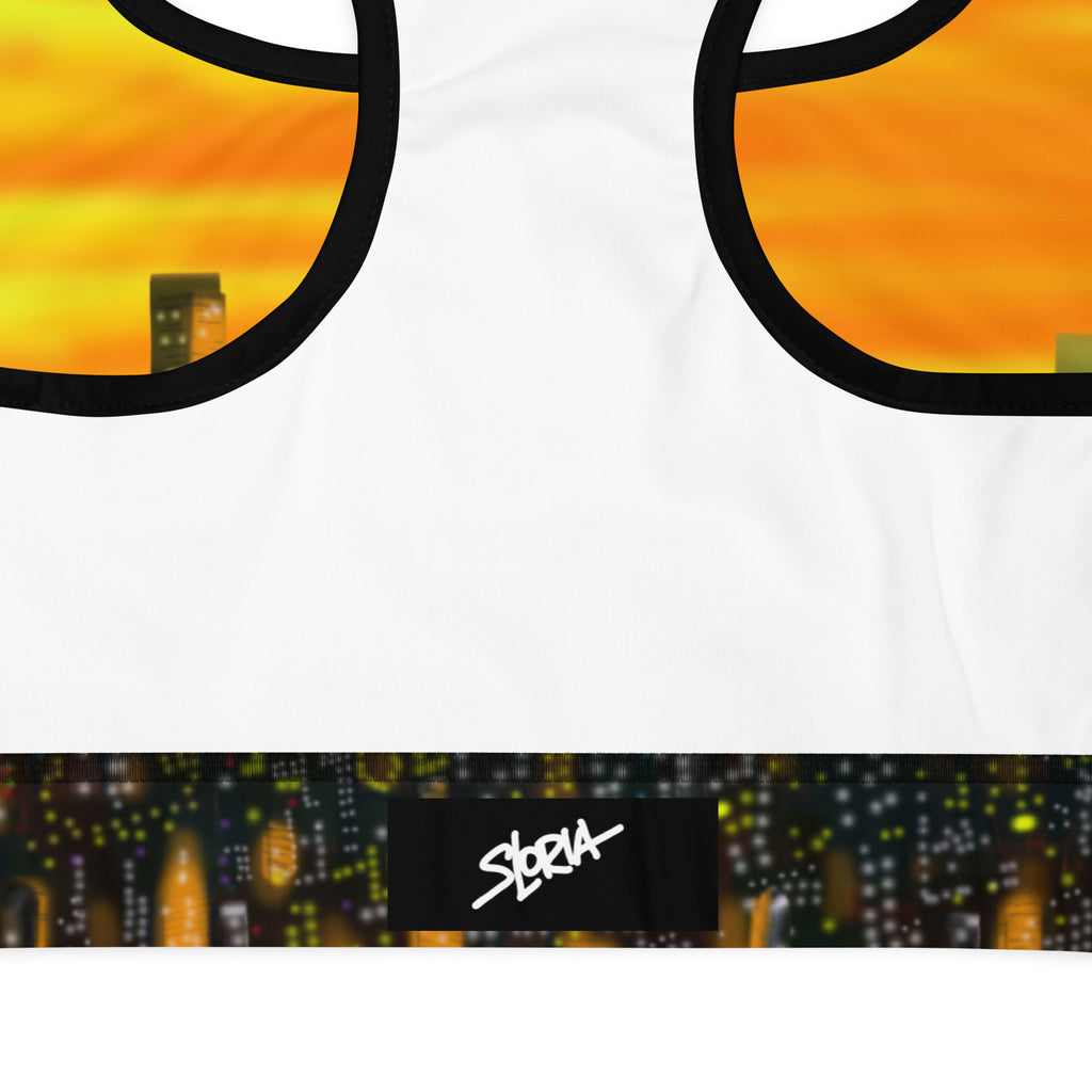 Close-up of sunglasses with a sunset design and 'S.Loria' logo at the bottom.