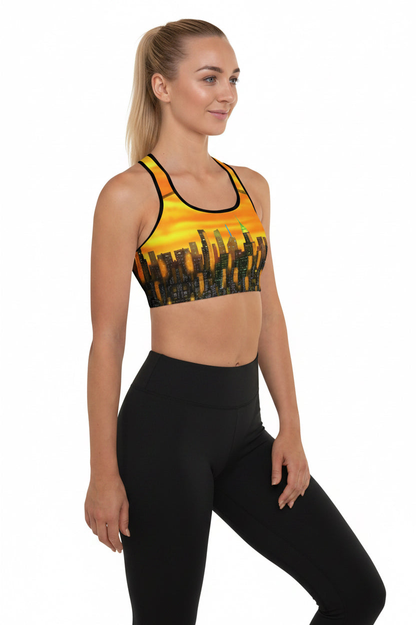 Woman wearing a sports bra with a Sports Bra  Riflessi al Tramonto Skyline by Loria NYC Art cityscape design on a white background