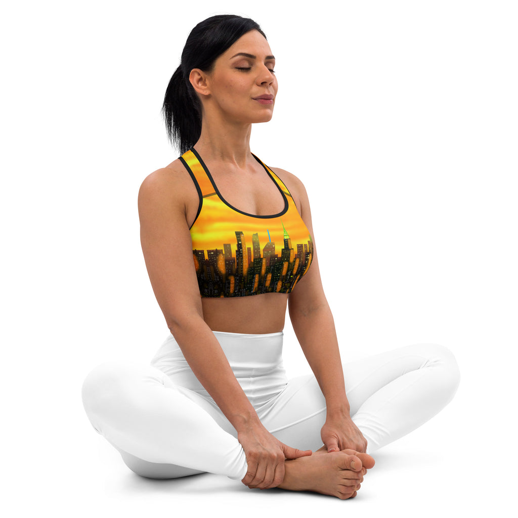 Woman wearing a sports bra with a Sports Bra  Riflessi al Tramonto Skyline by Loria NYC Art cityscape design on a white background