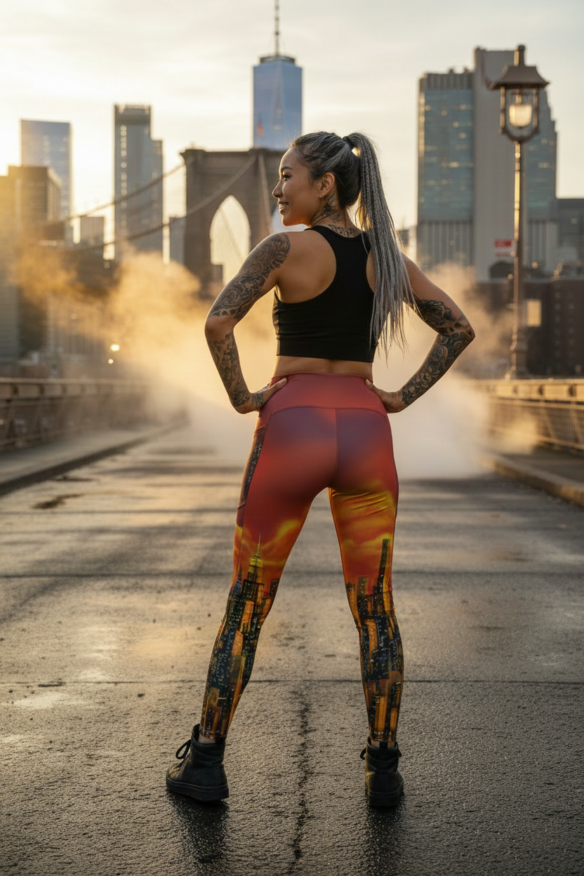 Woman in Loria NYC Art athletic wear standing on a bridge with city skyline in the background