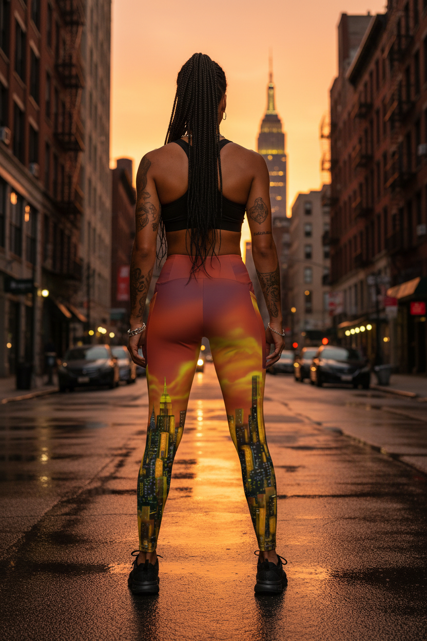 Person wearing Loria NYC Art leggings on a city street at sunset with the Empire State Building in the background.