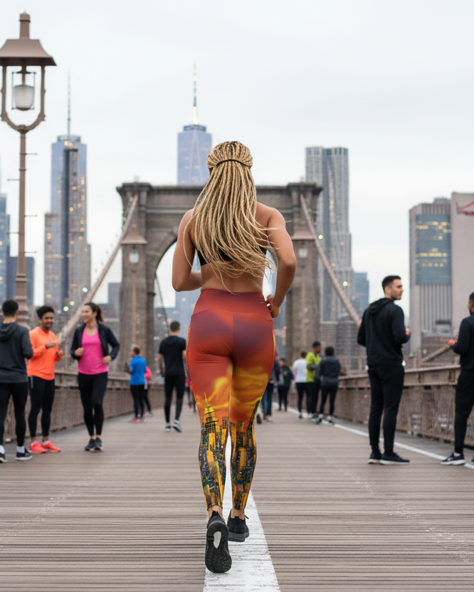 Person running on a bridge wearing city skyline Loria NYC Art leggings  