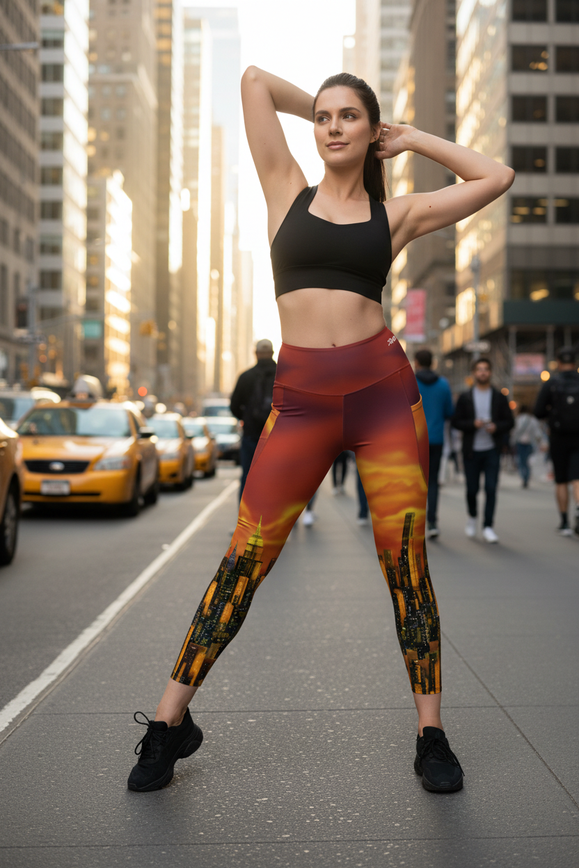 Woman wearing colorful Loria NYC Art leggings with a sunset design on a white background