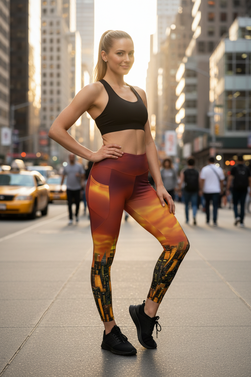 Woman wearing a sports bra and colorful Loria NYC Art leggings on a urban background