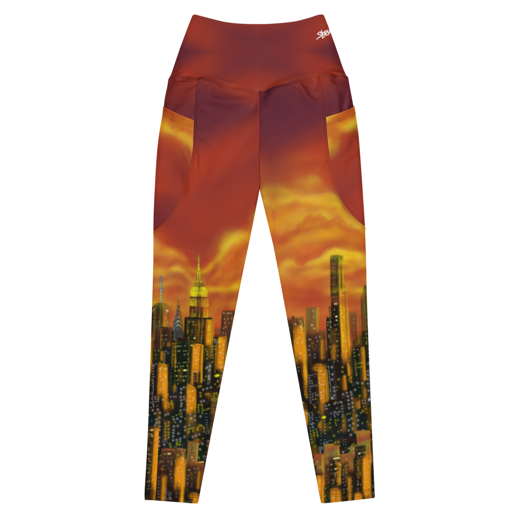 Leggings with a cityscape Loria NYC Art design on a white background