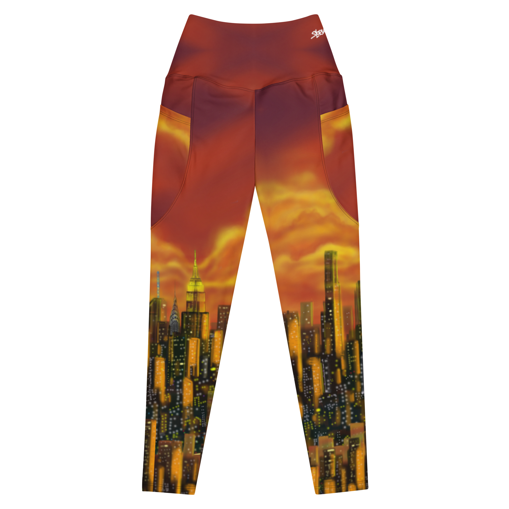 Leggings with a cityscape Loria NYC Art design on a white background