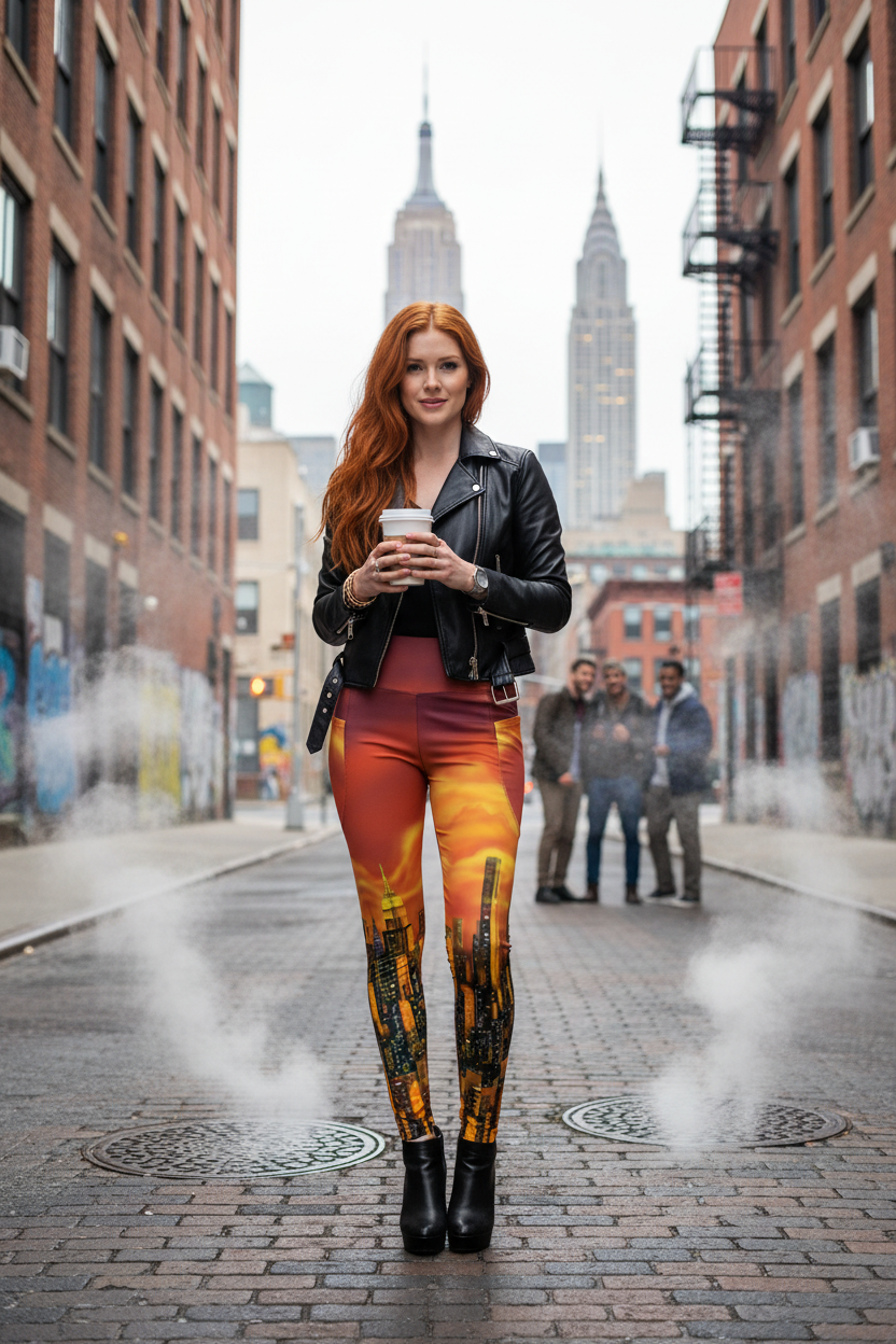 Woman in colorful Loria NYC Art leggings and leather jacket standing on a city street with Empire State Building in the background