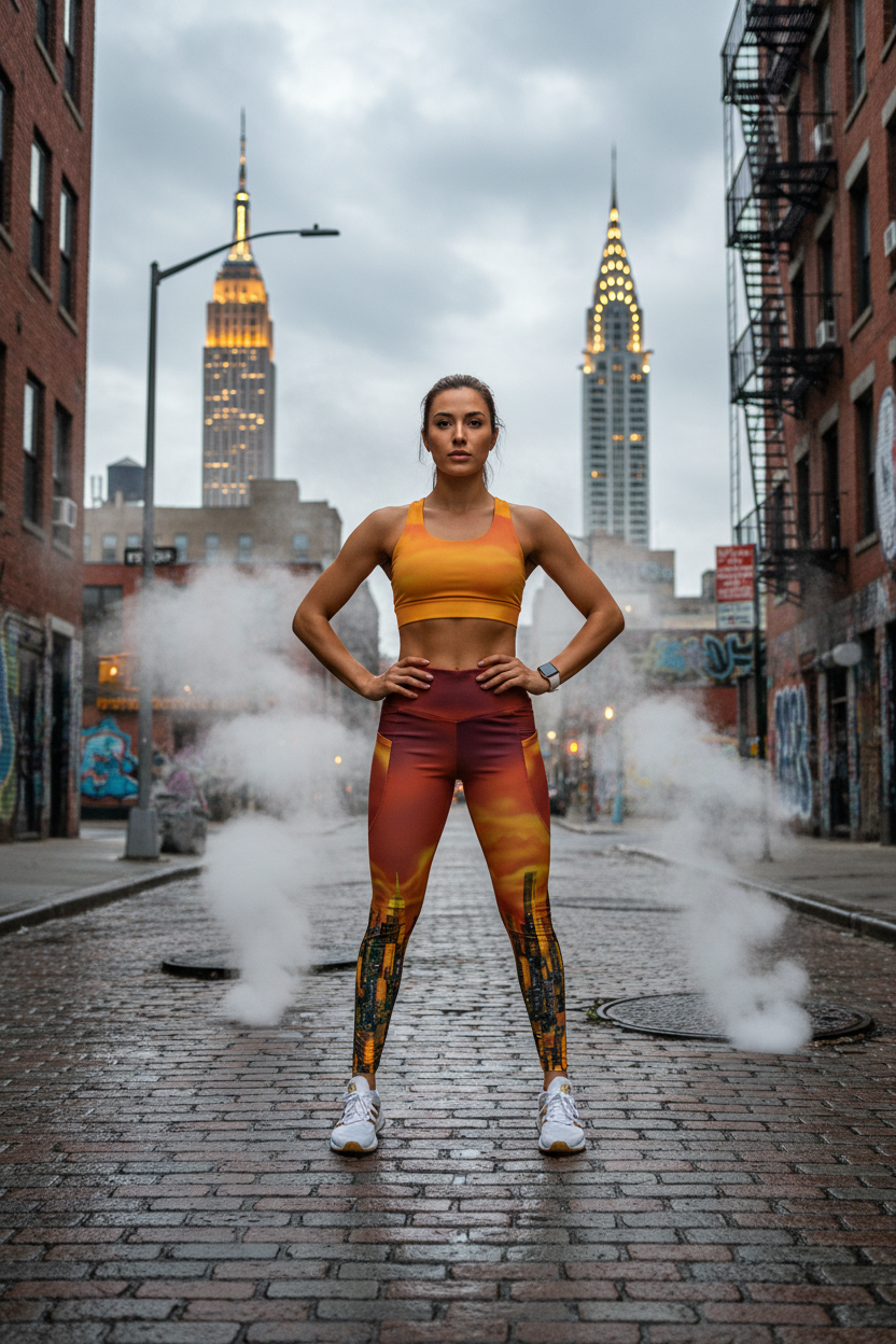 Woman in athletic Loria NYC Art wear standing on a city street with iconic buildings in the background