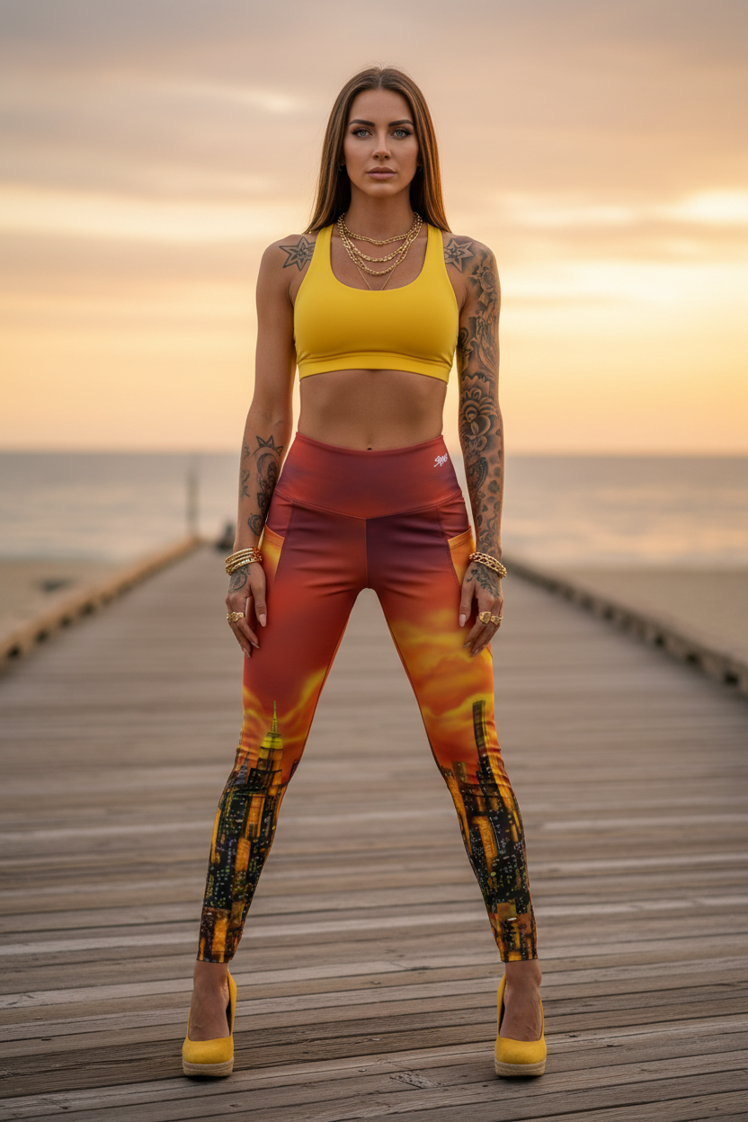 Woman in athletic Loria NYC Art wear standing on a wooden pier with a sunset background