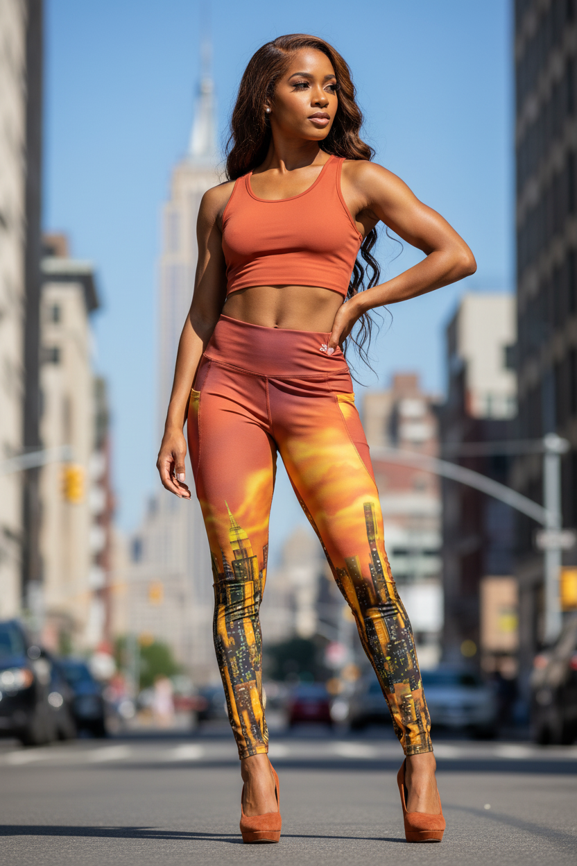 Woman in orange Loria NYC Art athletic wear standing on a city street