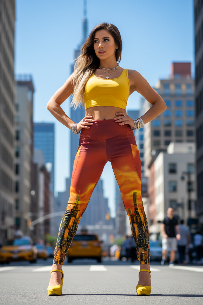 Woman in bright yellow top and multicolored Loria NYC Art leggings standing on a city street.