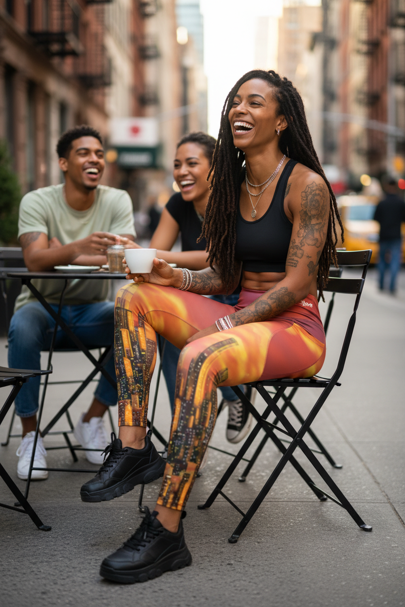 Woman sitting outdoors with friends, wearing colorful Loria NYC Art leggings and a black top.