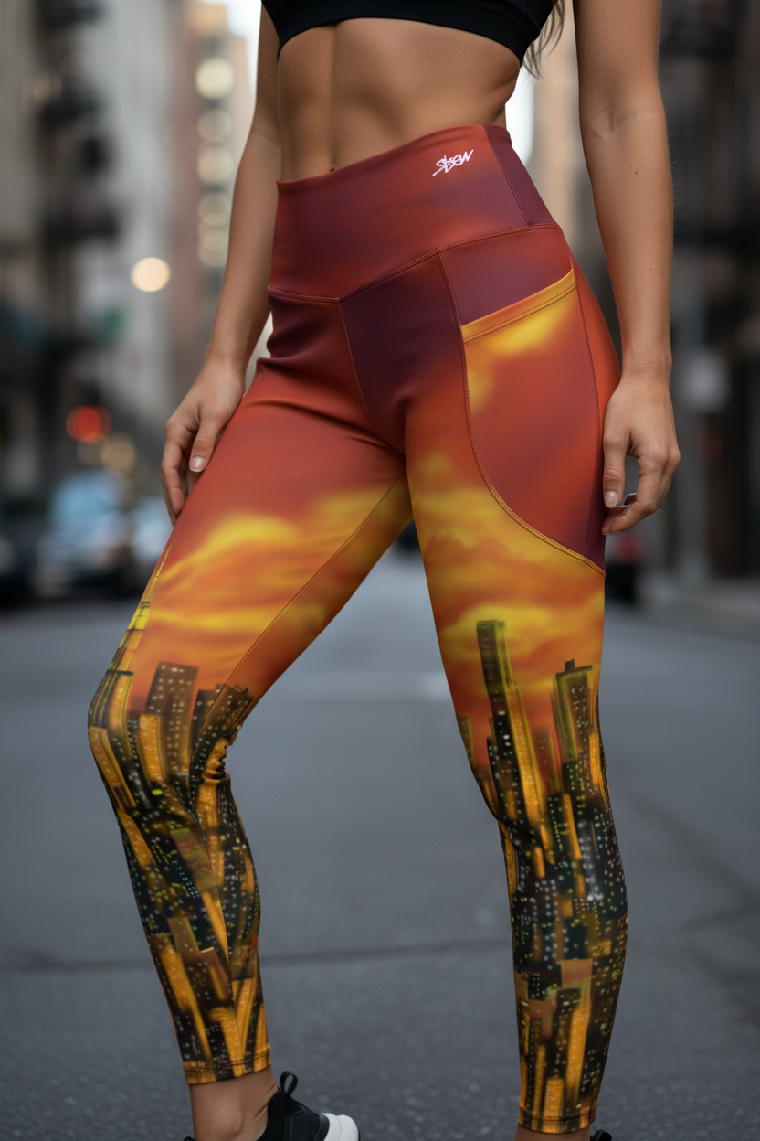Person wearing red and yellow Loria NYC Art leggings on a blurred city street background