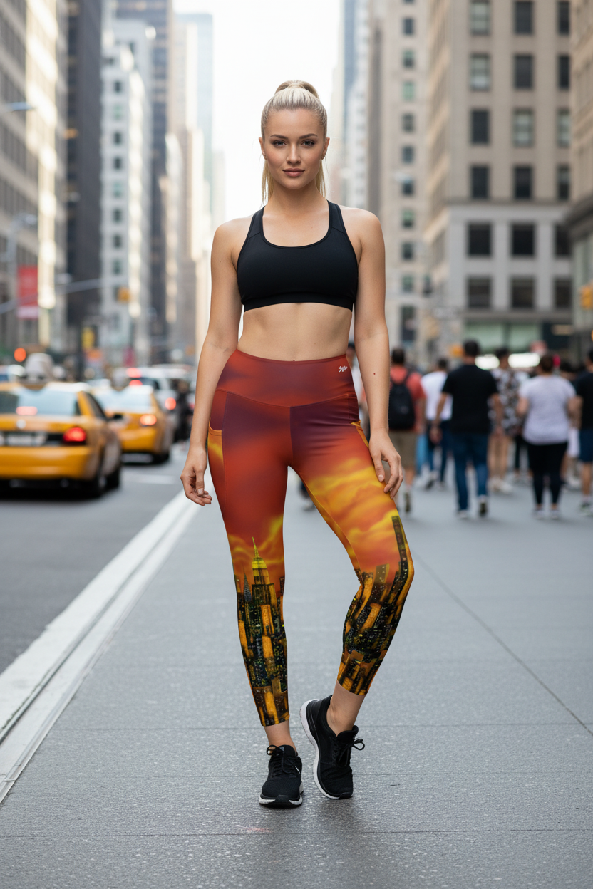 Women wearing Leggings with a cityscape Loria NYC Art design on a urban background