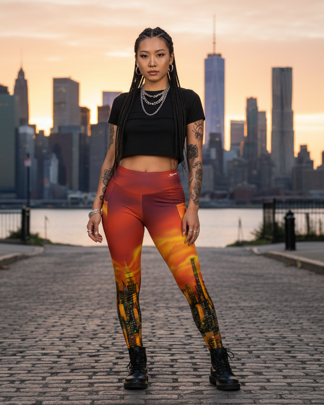 Woman wearing a black crop top and colorful Loria NYC Art leggings with a cityscape design on a urban background