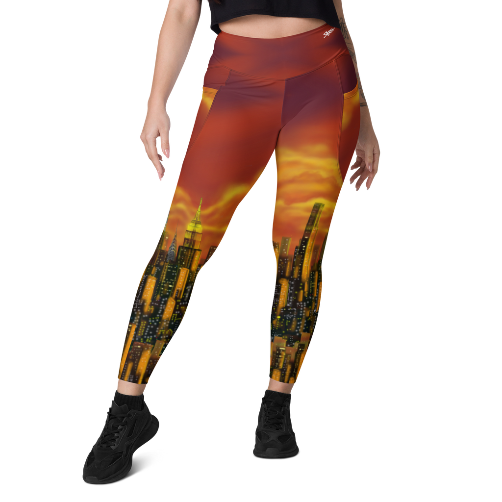Leggings with a cityscape Loria NYC Art design on a white background