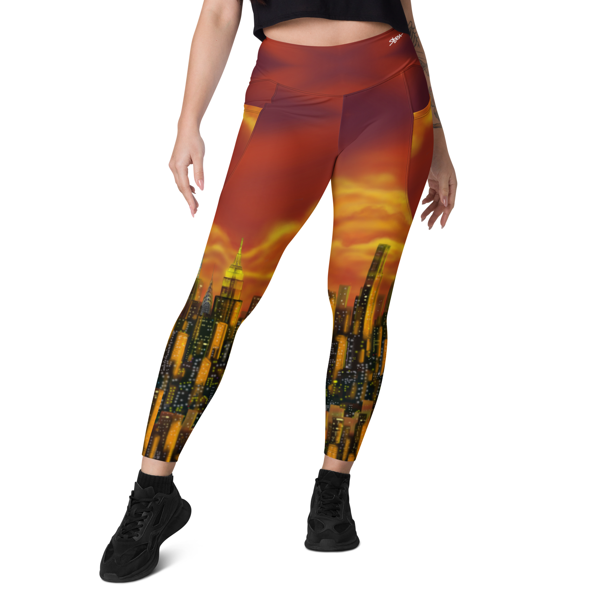 Leggings with a cityscape Loria NYC Art design on a white background