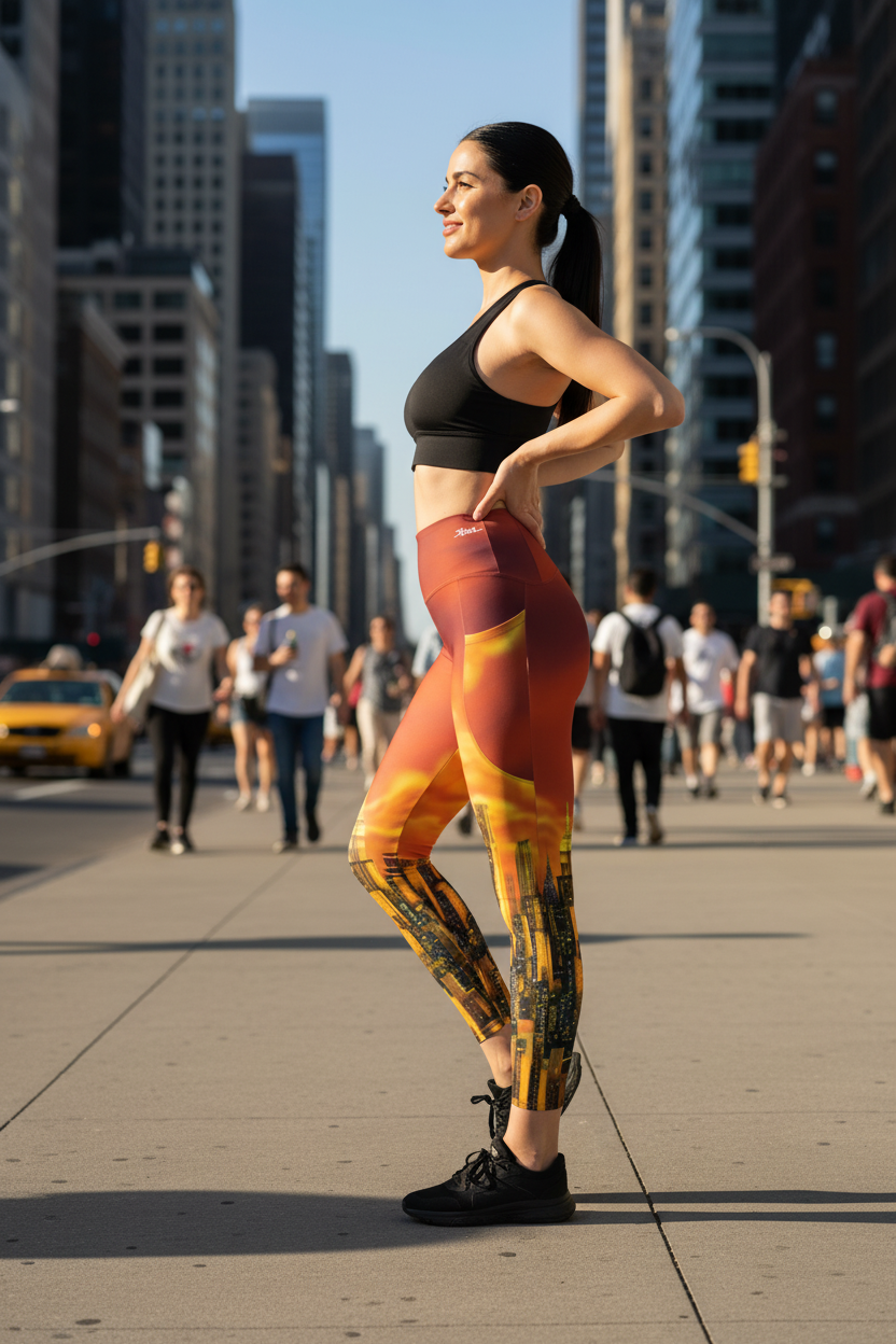 Woman wearing a black sports bra and colorful Loria NYC Art leggings on a urban background