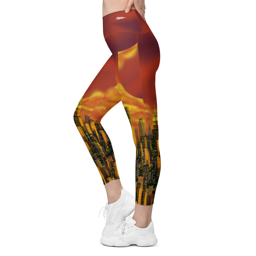 Leggings with a Loria NYC Art cityscape design worn by a person on a white background