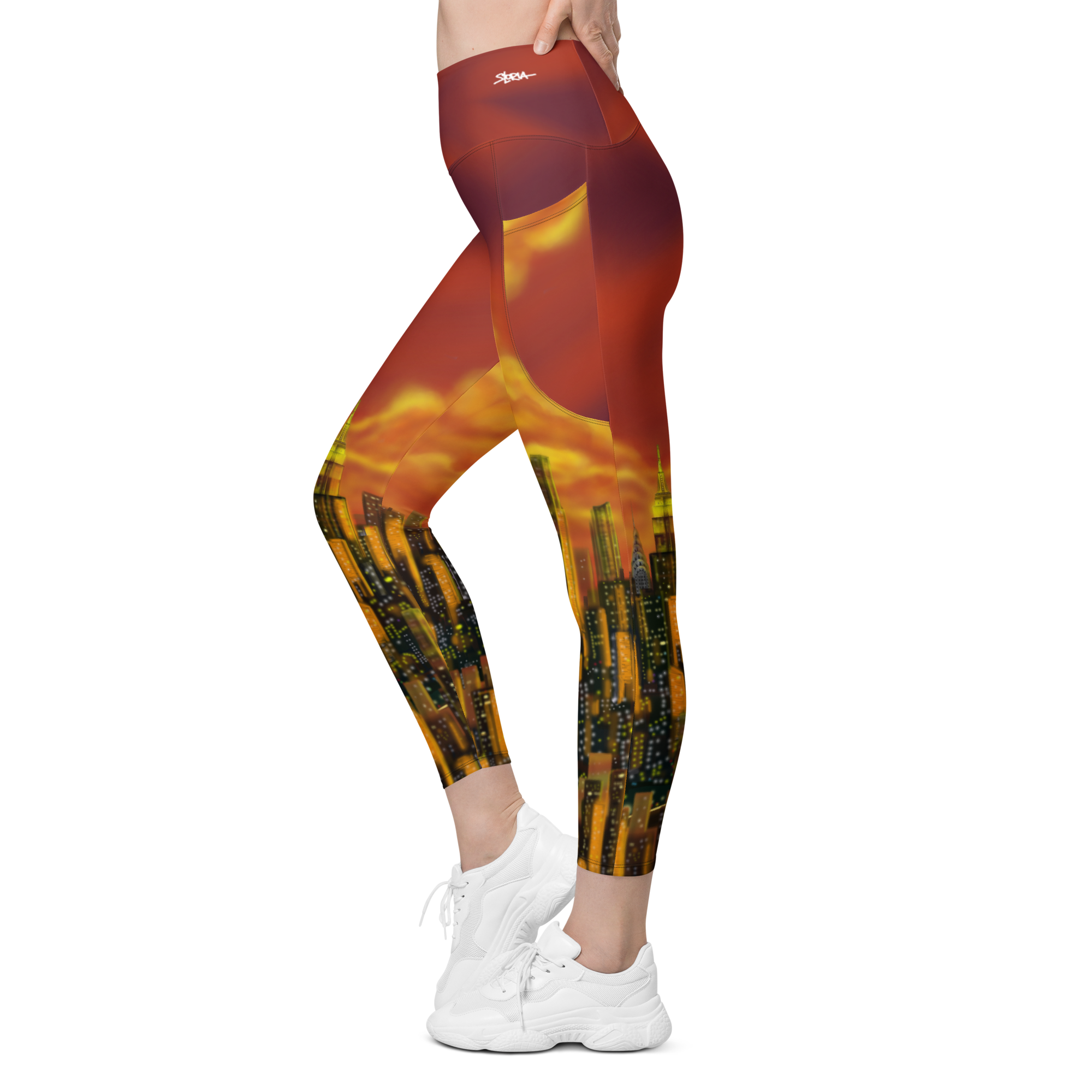 Leggings with a Loria NYC Art cityscape design worn by a person on a white background