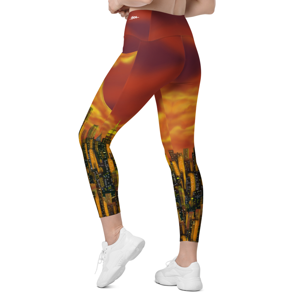 Leggings with a vibrant abstract Loria NYC Art design on a white background