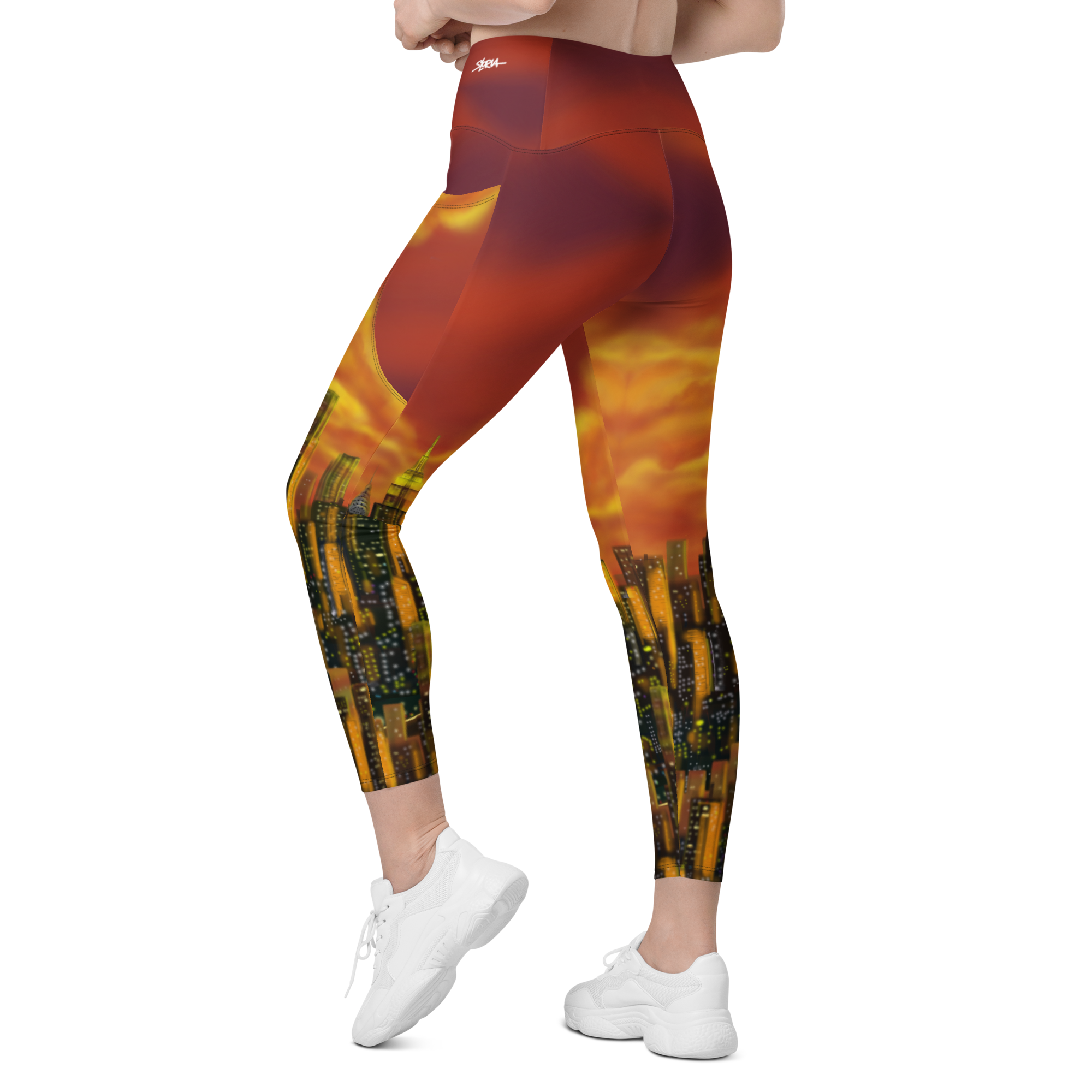 Leggings with a vibrant abstract Loria NYC Art design on a white background