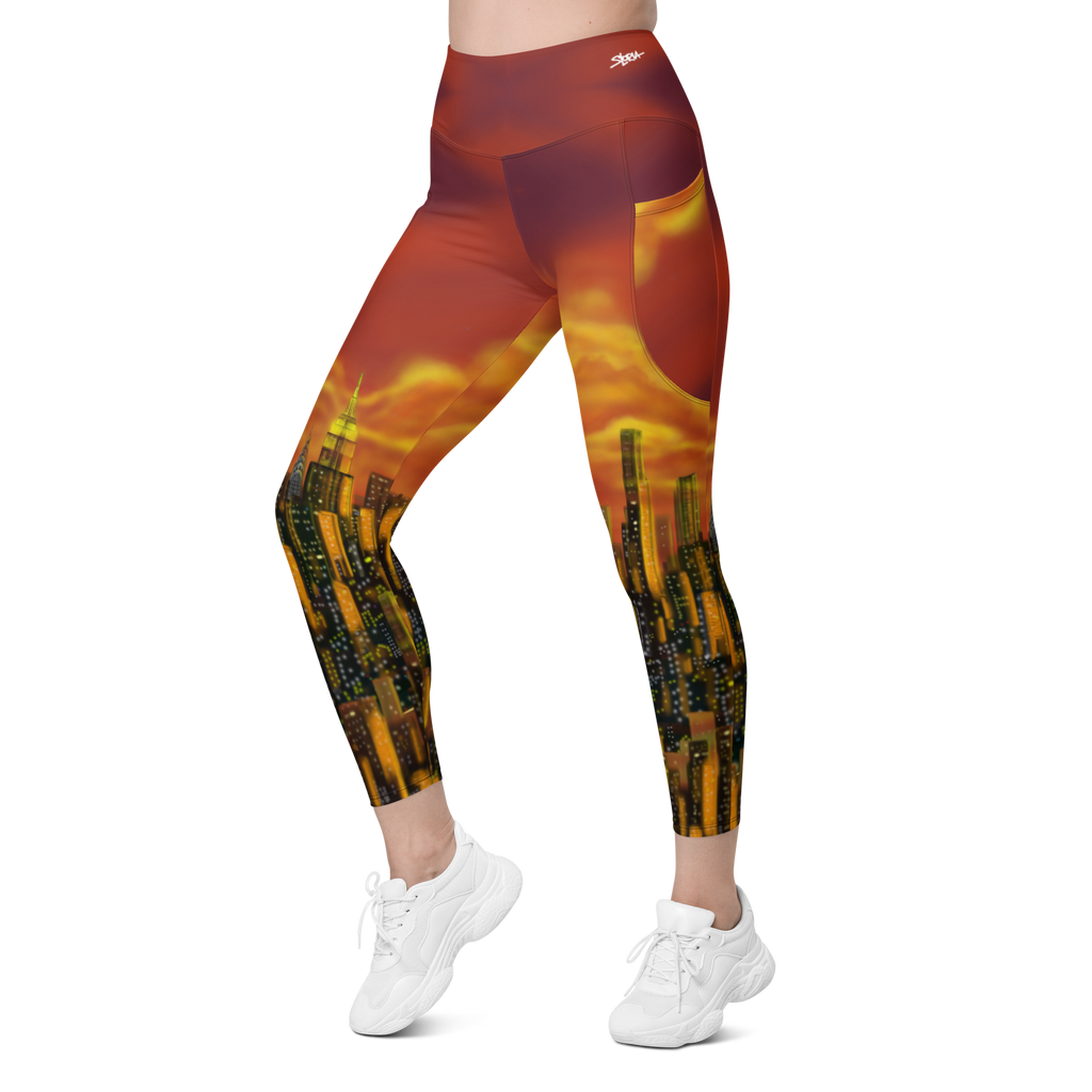 Leggings with a cityscape Loria NYC Art design on a white background