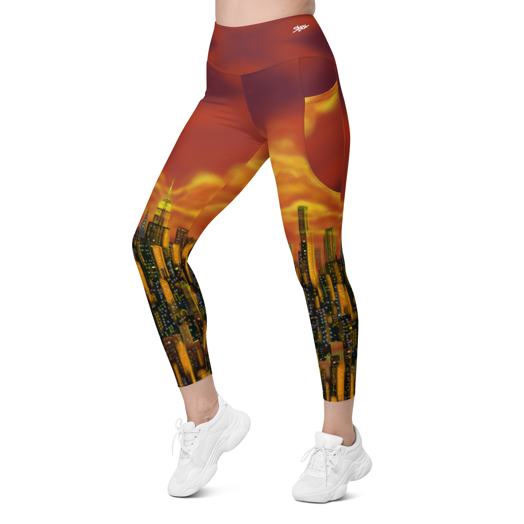 Leggings with a cityscape Loria NYC Art design on a white background