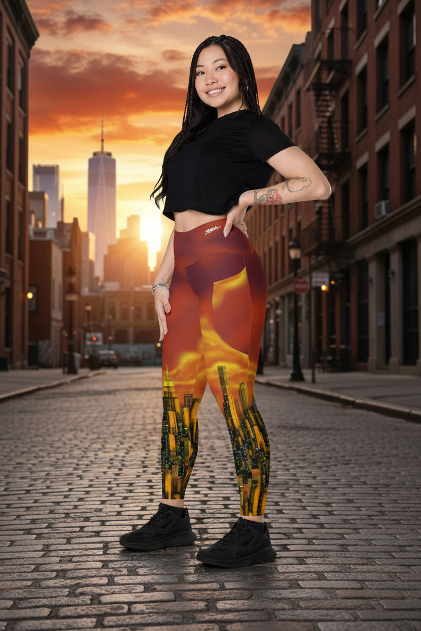 Woman wearing red and black patterned Loria NYC Art leggings on a urban background