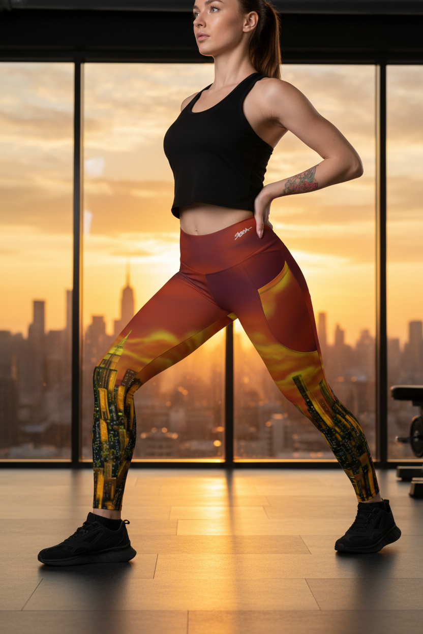 Woman in athletic Loria NYC Art wear posing in a gym with a cityscape view