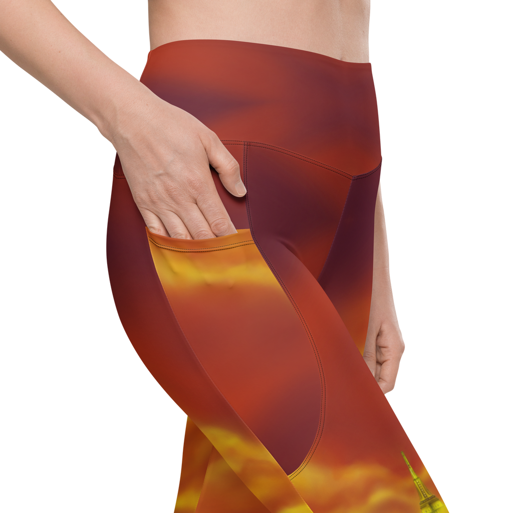 Red and yellow gradient Loria NYC Art pants with a person wearing it on a white background