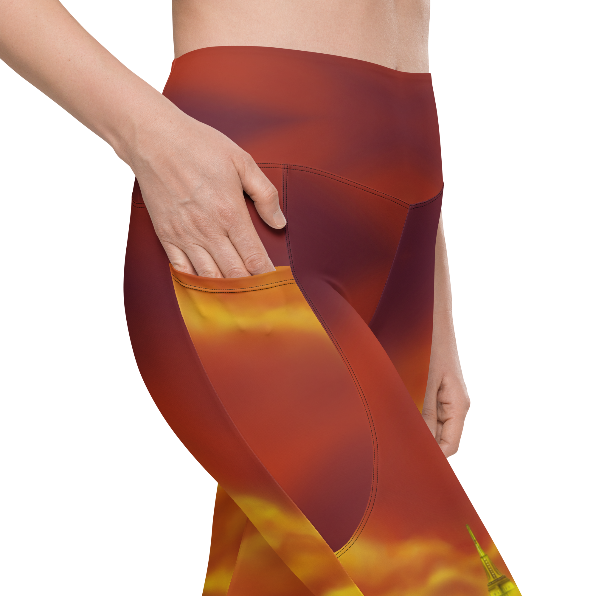 Red and yellow gradient Loria NYC Art pants with a person wearing it on a white background