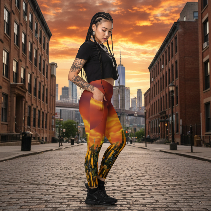 Woman wearing colorful Loria NYC Art leggings on a urban background