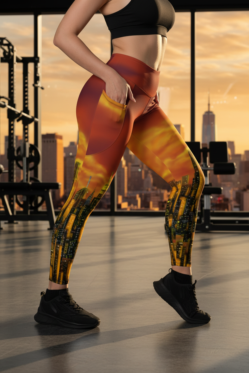 Women wearing Leggings with a Loria NYC Art sunset cityscape design inside a gym