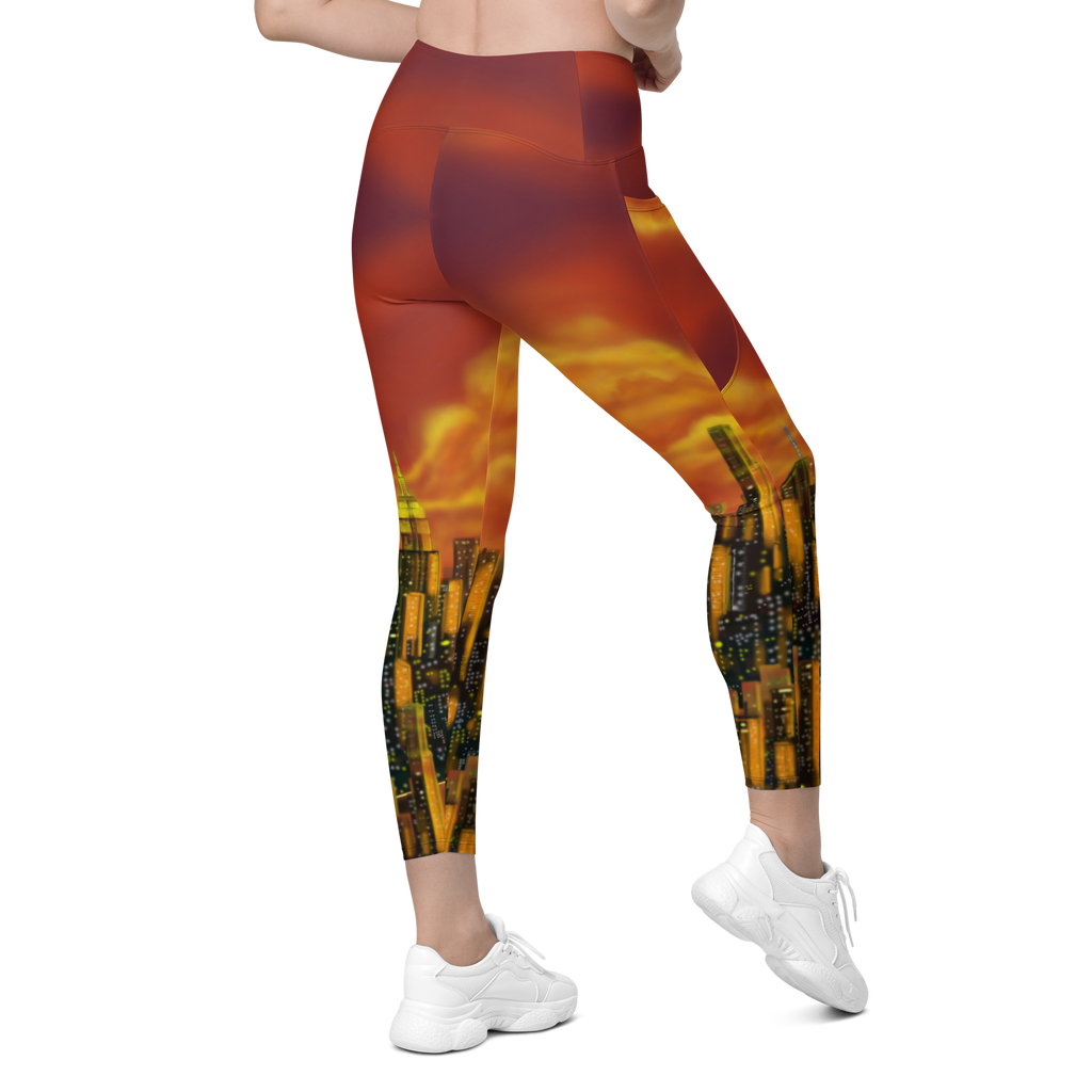 Leggings with a Loria NYC Art cityscape design worn by a person on a white background