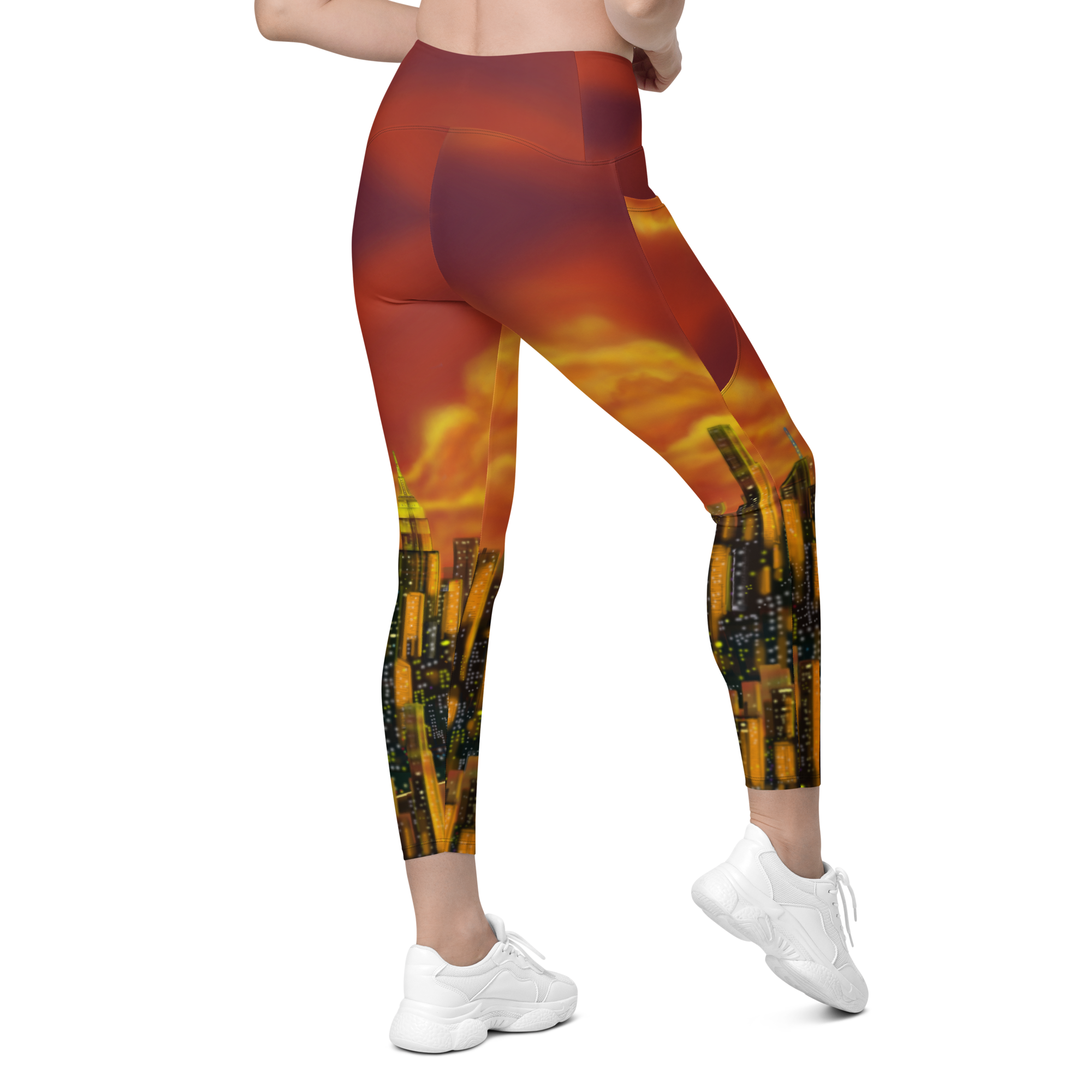 Leggings with a Loria NYC Art cityscape design worn by a person on a white background