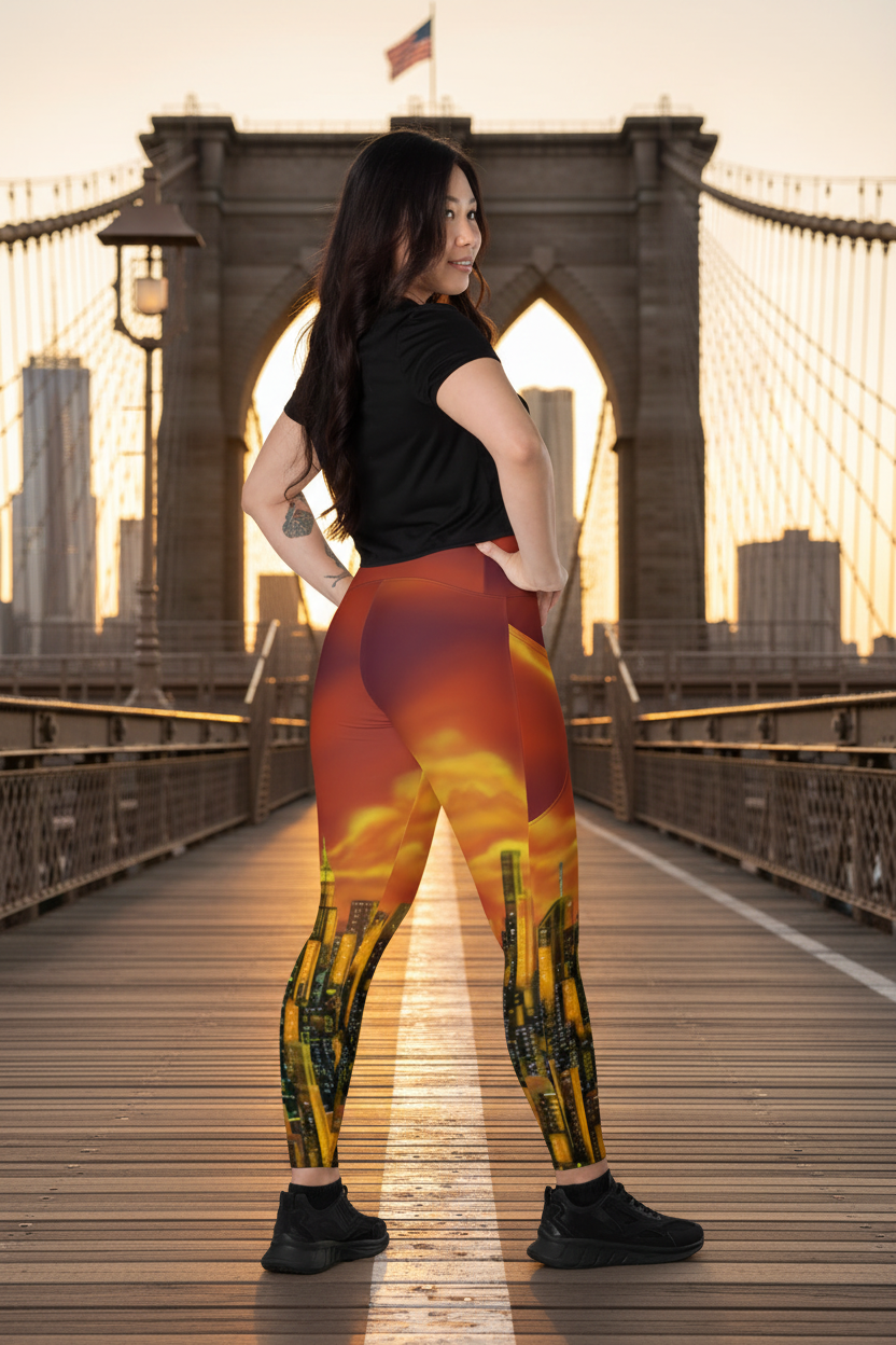 Person wearing a black crop top and colorful leggings with a Loria NYC Art cityscape design on a bridge background