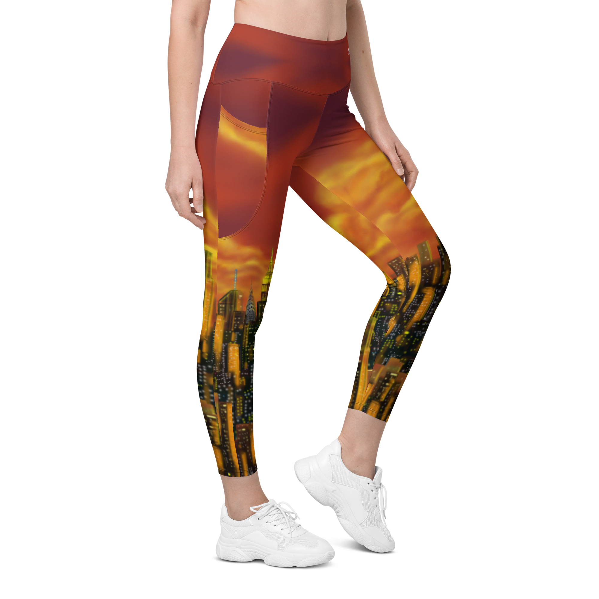 Leggings with a fiery Loria NYC Art design worn by a person on a white background