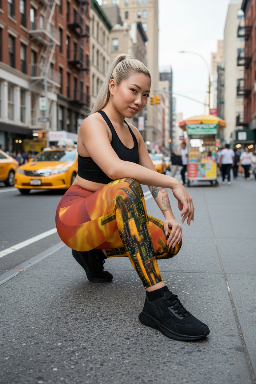 Person wearing vibrant, patterned Loria NYC Art leggings on a white background