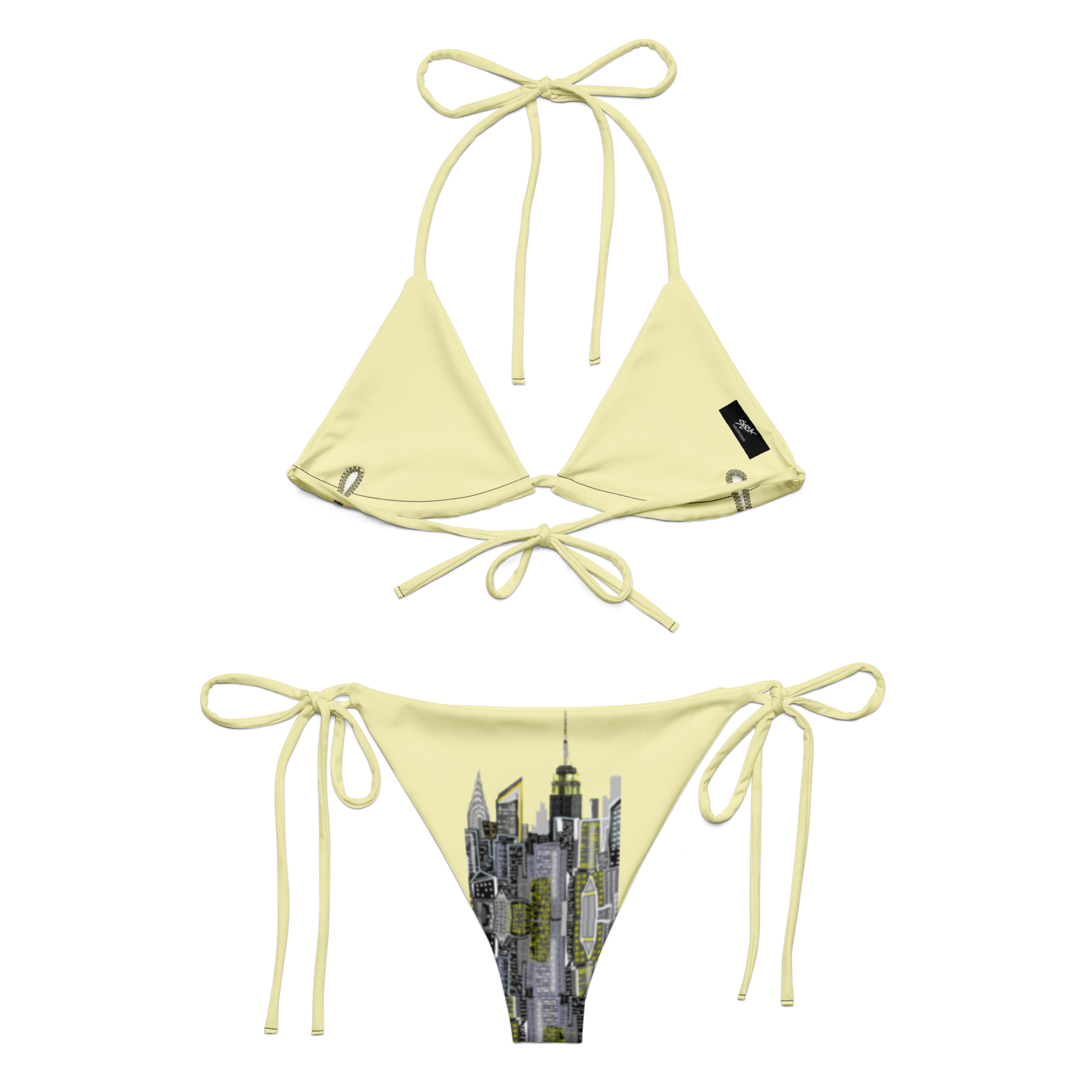 Yellow bikini set with cityscape Loria NYC Art design on a white background