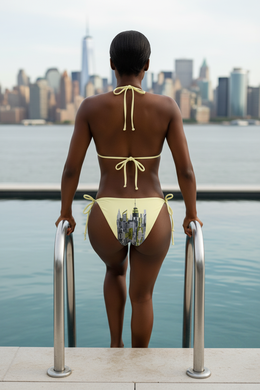 Person in a bikini standing by a pool with a city Loria NYC Art skyline in the background
