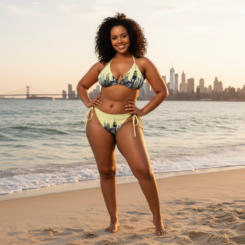 Woman wearing a yellow bikini with a cityscape Loria NYC Art design on a beach background